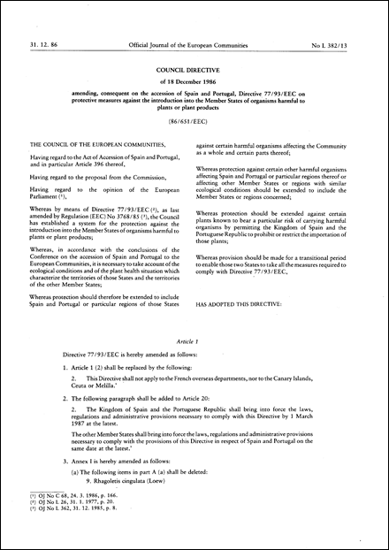 Council Directive 86/651/EEC of 18 December 1986 amending, consequent on the accession of Spain and Portugal, Directive 77/93/EEC on protective measures against the introduction into the Member States of organisms harmful to plants or plant products