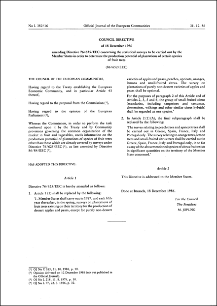 Council Directive 86/652/EEC of 18 December 1986 amending Directive 76/625/EEC concerning the statistical surveys to be carried out by the Member States in order to determine the production potential of plantations of certain species of fruit trees