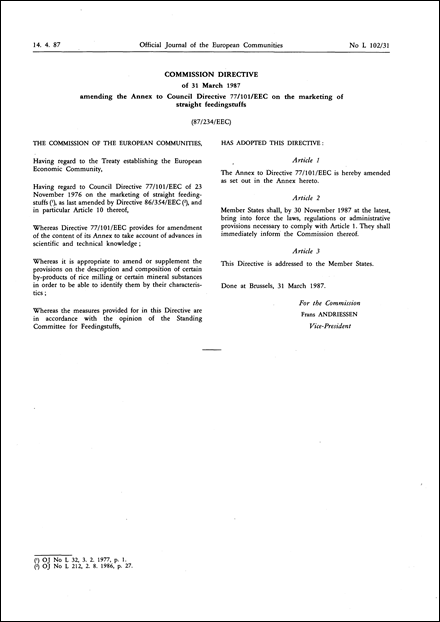 Commission Directive 87/234/EEC of 31 March 1987 amending the Annex to Council Directive 77/101/EEC on the marketing of straight feedingstuffs