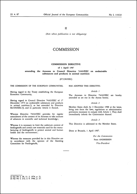 Commission Directive 87/238/EEC of 1 April 1987 amending the Annexes to Council Directive 74/63/EEC on undesirable substances and products in animal nutrition