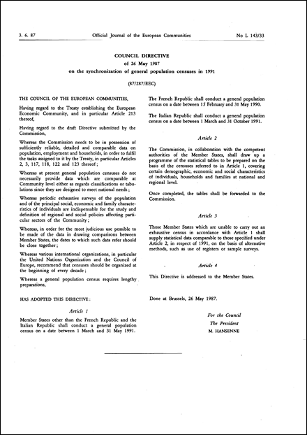 Council Directive 87/287/EEC of 26 May 1987 on the synchronization of general population censuses in 1991