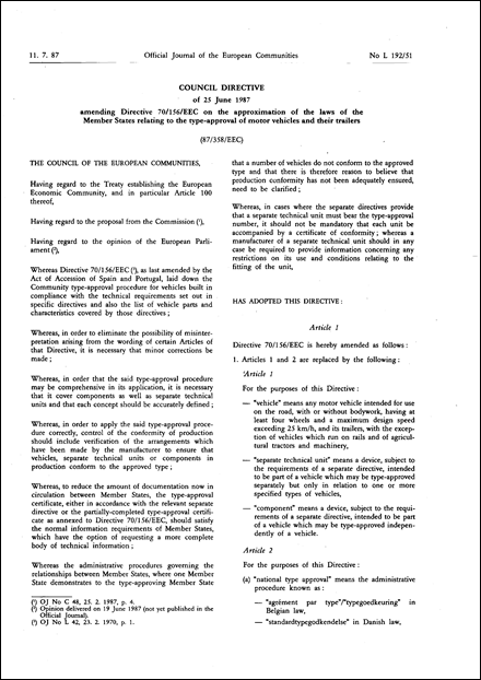 Council Directive 87/358/EEC of 25 June 1987 amending Directive 70/156/EEC on the approximation of the laws of the Member States relating to the type-approval of motor vehicles and their trailers