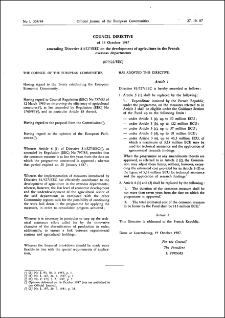 Council Directive 87/522/EEC of 19 October 1987 amending Directive 81/527/EEC on the development of agriculture in the French overseas departments