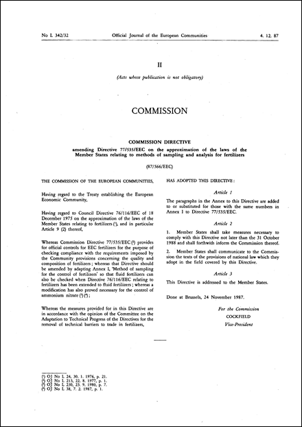 Commission Directive 87/566/EEC amending Directive 77/535/EEC on the approximation of the laws of the Member States relating to methods of sampling and analysis for fertilizers