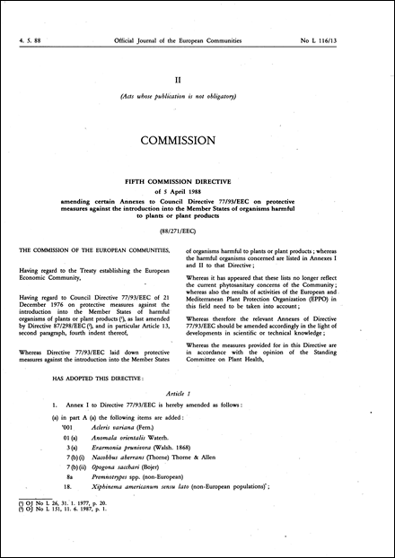 Fifth Commission Directive 88/271/EEC of 5 April 1988 amending certain Annexes to Council Directive 77/93/EEC on protective measures against the introduction into the Member States of organisms harmful to plants or plant products