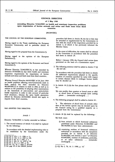 Council Directive 88/289/EEC of 3 May 1988 amending Directive 72/462/EEC on health and veterinary inspection problems upon importation of bovine animals and swine and fresh meat from third countries