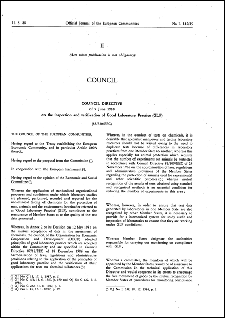 Council Directive 88/320/EEC of 9 June 1988 on the inspection and verification of Good Laboratory Practice (GLP) (repealed)