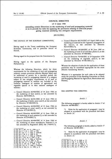 Council Directive 88/332/EEC of 13 June 1988 amending certain Directives on the marketing of seed and propagating material so as to provide for rules for applying the provisions relating to seed and propagating material satisfying less stringent requirements