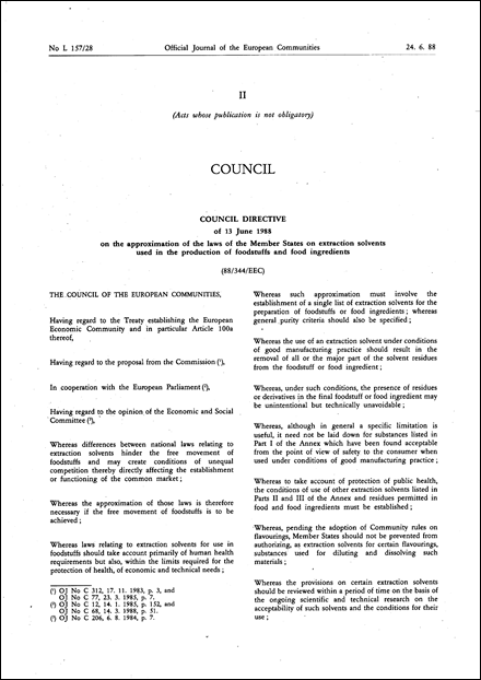 Council Directive 88/344/EEC of 13 June 1988 on the approximation of the laws of the Member States on extraction solvents used in the production of foodstuffs and food ingredients (repealed)
