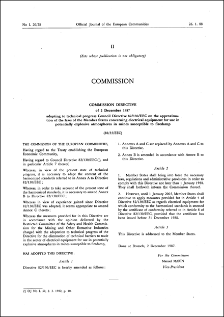 Commission Directive 88/35/EEC of 2 December 1987 adapting to technical progress Council Directive 82/130/EEC on the approximation of the laws of the Member States concerning electrical equipment for use in potentially explosive atmospheres in mines susceptible to firedamp