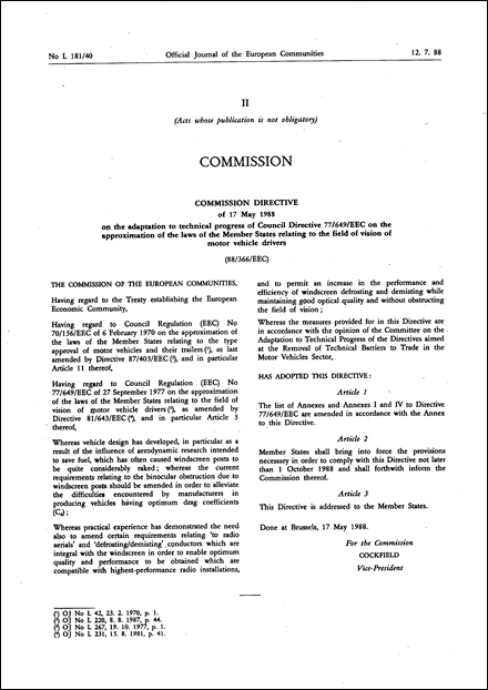 Commission Directive 88/366/EEC of 17 May 1988 on the adaptation to technical progress of Council Directive 77/649/EEC on the approximation of the laws of the Member States relating to the field of vision of motor vehicle drivers