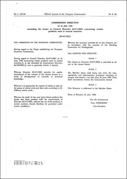 Commission Directive 88/485/EEC of 26 July 1988 amending the Annex to Council Directive 82/471/EEC concerning certain products used in animal nutrition