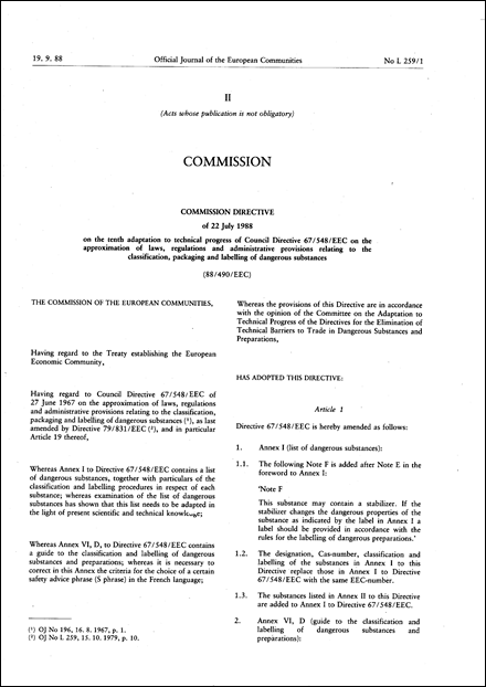 Commission Directive 88/490/EEC of 22 July 1988 on the tenth adaptation to technical progress of Council Directive 67/548/EEC on the approximation of laws, regulations and administrative provisions relating to the classification, packaging and labelling of dangerous substances