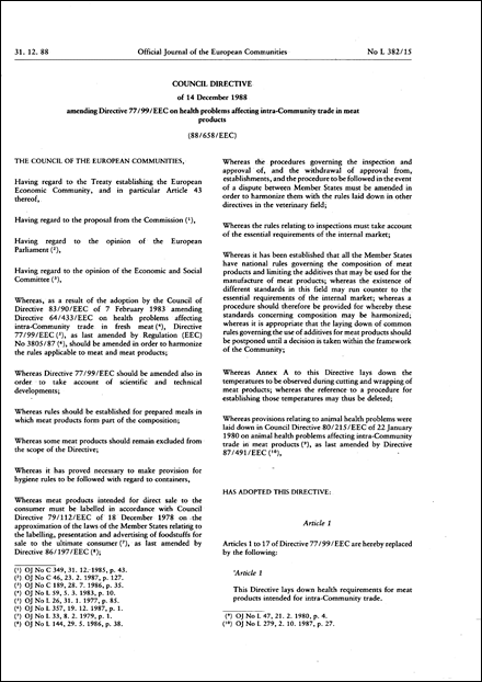 Council Directive 88/658/EEC of 14 December 1988 amending Directive 77/99/EEC on health problems affecting intra-Community trade in meat products