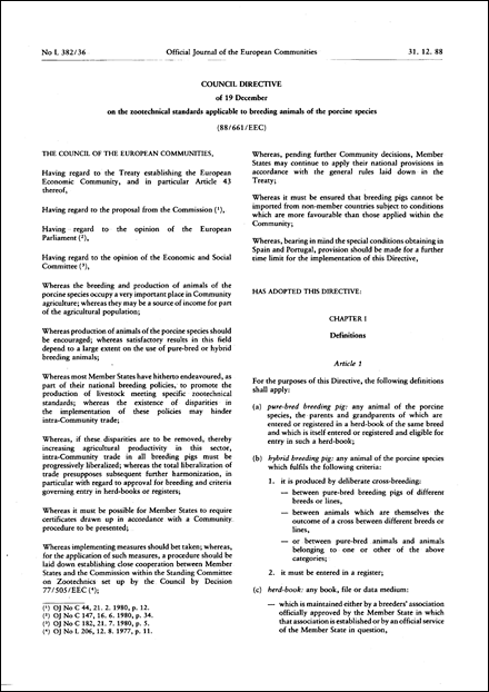 Council Directive 88/661/EEC of 19 December 1988 on the zootechnical standards applicable to breeding animals of the porcine species (repealed)