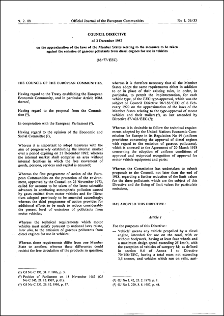 Council Directive 88/77/EEC of 3 December 1987 on the approximation of the laws of the Member States relating to the measures to be taken against the emission of gaseous pollutants from diesel engines for use in vehicles (repealed)