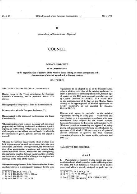 Council Directive 89/173/EEC of 21 December 1988 on the approximation of the laws of the Member States relating to certain components and characteristics of wheeled agricultural or forestry tractors (repealed)