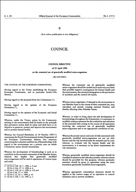 Council Directive 90/219/EEC of 23 April 1990 on the contained use of genetically modified micro-organisms (repealed)