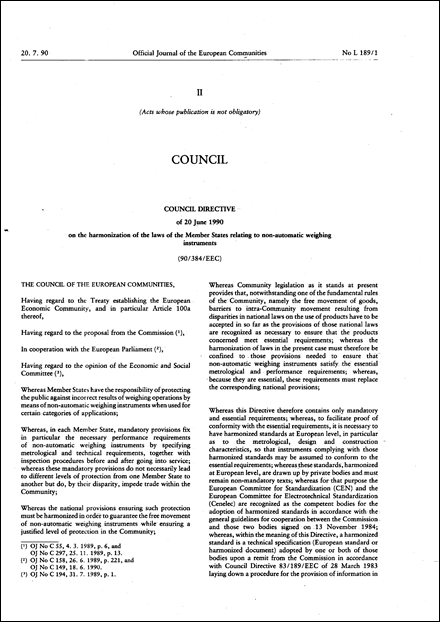 Council Directive 90/384/EEC of 20 June 1990 on the harmonization of the laws of the Member States relating to non-automatic weighing instruments (repealed)