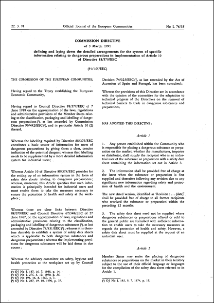 Commission Directive 91/155/EEC of 5 March 1991 defining and laying down the detailed arrangements for the system of specific information relating to dangerous preparations in implementation of Article 10 of Directive 88/379/EEC (repealed)