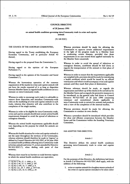 Council Directive 91/68/EEC of 28 January 1991 on animal health conditions governing intra-Community trade in ovine and caprine animals