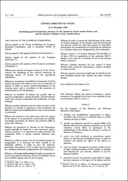 Council Directive 92/119/EEC of 17 December 1992 introducing general Community measures for the control of certain animal diseases and specific measures relating to swine vesicular disease