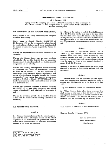 Commission Directive 92/2/EEC of 13 January 1992 laying down the sampling procedure and the Community method of analysis for the official control of the temperatures of quick-frozen foods intended for human consumption