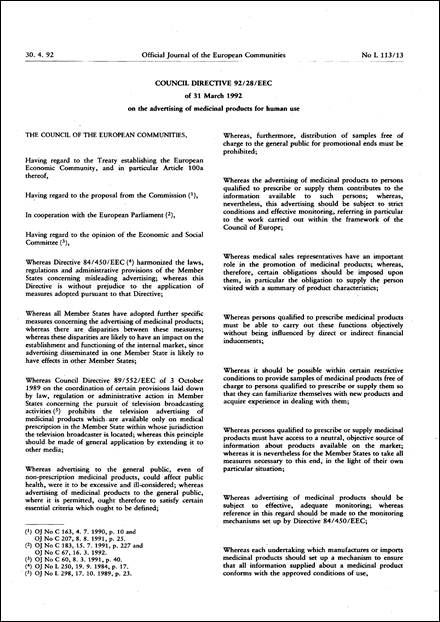 Council Directive 92/28/EEC of 31 March 1992 on the advertising of medicinal products for human use