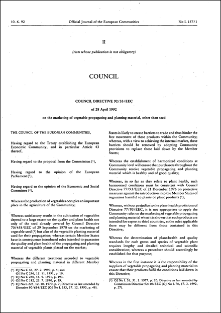 Council Directive 92/33/EEC of 28 April 1992 on the marketing of vegetable propagating and planting material, other than seed (repealed)