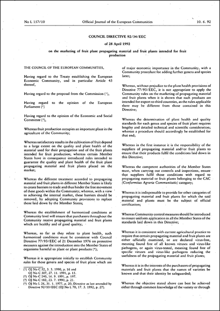 Council Directive 92/34/EEC of 28 April 1992 on the marketing of fruit plant propagating material and fruit plants intended for fruit production (repealed)