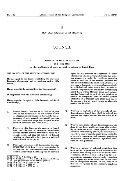 Council Directive 92/44/EEC of 5 June 1992 on the application of open network provision to leased lines (repealed)