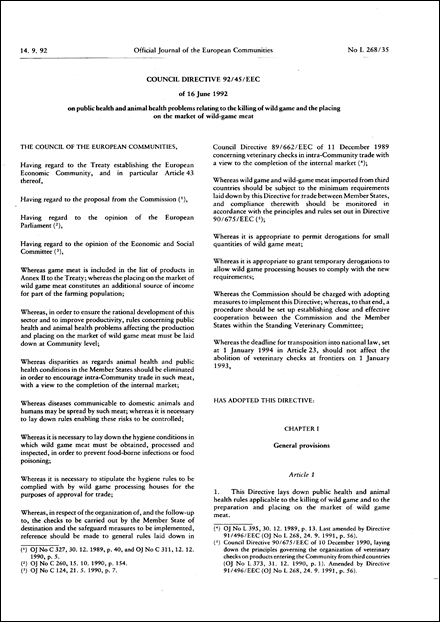 Council Directive 92/45/EEC of 16 June 1992 on public health and animal health problems relating to the killing of wild game and the placing on the market of wild-game meat