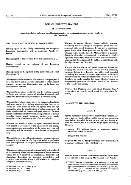 Council Directive 92/6/EEC of 10 February 1992 on the installation and use of speed limitation devices for certain categories of motor vehicles in the Community