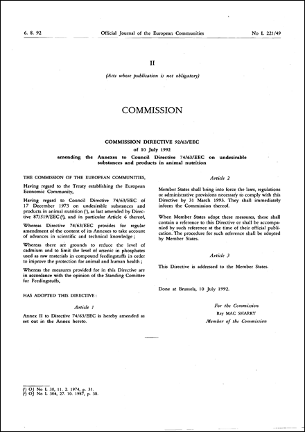 Commission Directive 92/63/EEC of 10 July 1992 amending the Annexes to Council Directive 74/63/EEC on undesirable substances and products in animal nutrition
