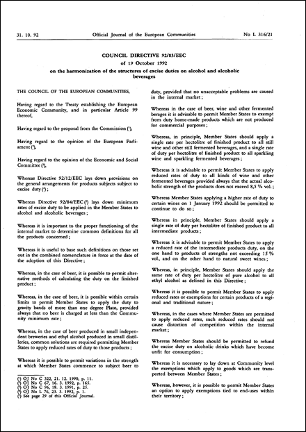 Council Directive 92/83/EEC of 19 October 1992 on the harmonization of the structures of excise duties on alcohol and alcoholic beverages