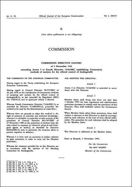 Commission Directive 92/89/EEC of 3 November 1992 amending Annex I to Fourth Directive 73/46/EEC establishing Community methods of analysis for the official control of feedingstuffs