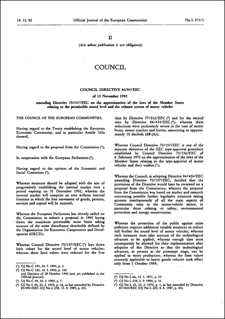 Council Directive 92/97/EEC of 10 November 1992 amending Directive 70/157/EEC on the approximation of the laws of the Member States relating to the permissible sound level and the exhaust system of motor vehicles