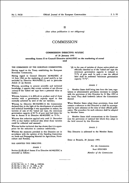 Commission Directive 93/2/EEC of 28 January 1993 amending Annex II to Council Directive 66/402/EEC on the marketing of cereal seed