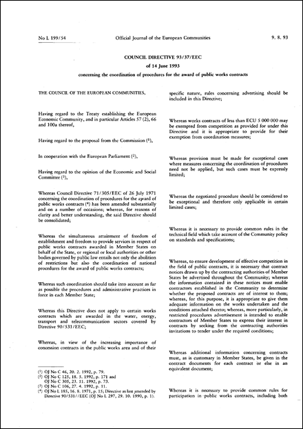 Council Directive 93/37/EEC of 14 June 1993 concerning the coordination of procedures for the award of public works contracts