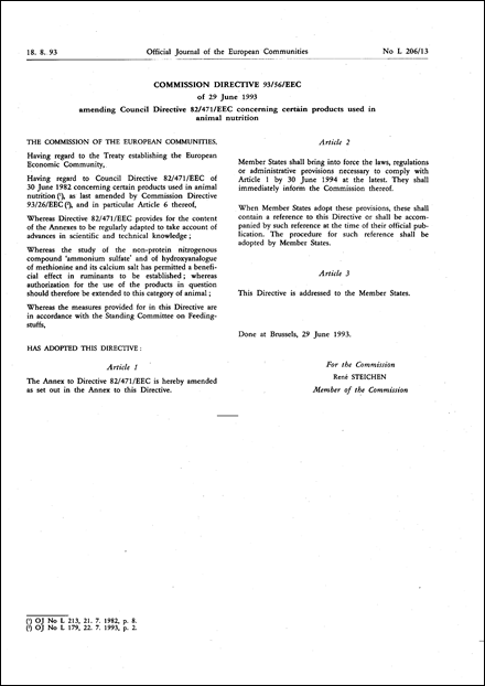 Commission Directive 93/56/EEC of 29 June 1993 amending Council Directive 82/471/EEC concerning certain products used in animal nutrition