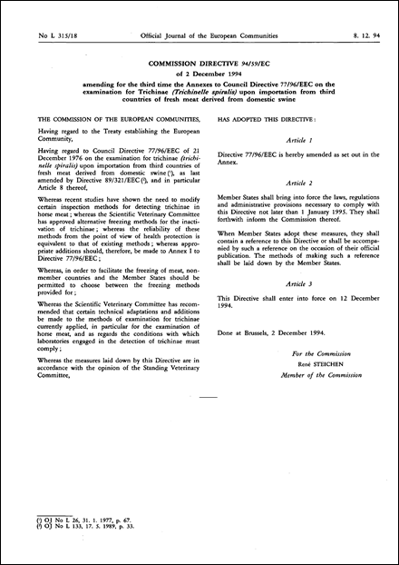 Commission Directive 94/59/EC of 2 December 1994 amending for the third time the Annexes to Council Directive 77/96/EEC on the examination for Trichinae (Trichinelle spiralis) upon importation from third countries of fresh meat derived from domestic swine