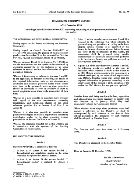 Commission Directive 94/79/EC of 21 December 1994 amending Council Directive 91/414/EEC concerning the placing of plant protection products on the market (repealed)