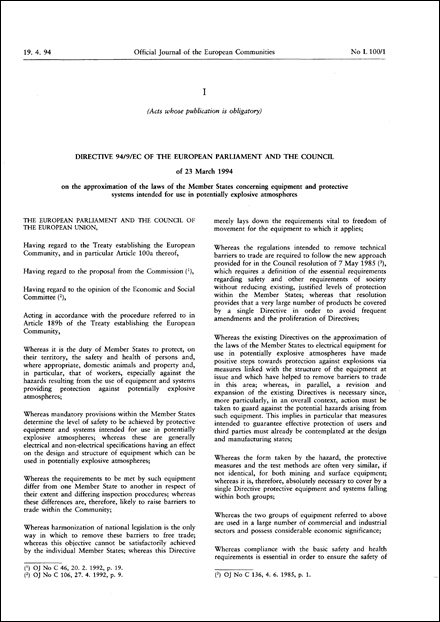 Directive 94/9/EC of the European Parliament and the Council of 23 March 1994 on the approximation of the laws of the Member States concerning equipment and protective systems intended for use in potentially explosive atmospheres (repealed)