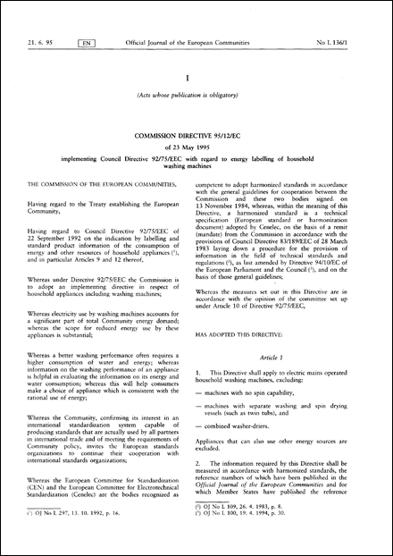 Commission Directive 95/12/EC of 23 May 1995 implementing Council Directive 92/75/EEC with regard to energy labelling of household washing machines (repealed)