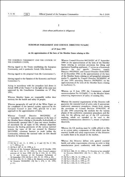European Parliament and Council Directive 95/16/EC of 29 June 1995 on the approximation of the laws of the Member States relating to lifts (repealed)