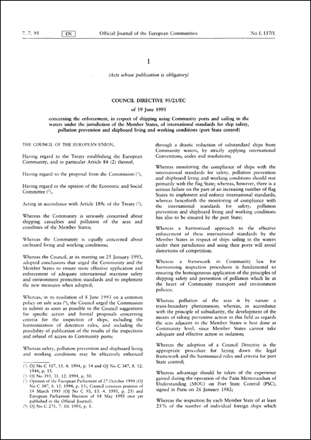 Council Directive 95/21/EC of 19 June 1995 concerning the enforcement, in respect of shipping using Community ports and sailing in the waters under the jurisdiction of the Member States, of international standards for ship safety, pollution prevention and shipboard living and working conditions (port State control) (repealed)