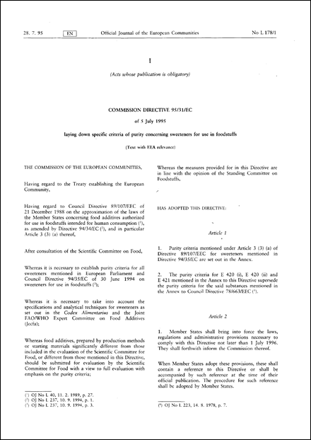 Commission Directive 95/31/EC of 5 July 1995 laying down specific criteria of purity concerning sweeteners for use in foodstuffs (repealed)