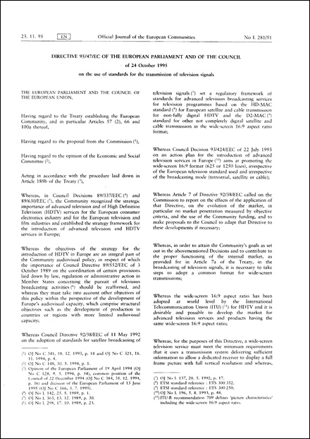 Directive 95/47/EC of the European Parliament and of the Council of 24 October 1995 on the use of standards for the transmission of television signals (repealed)