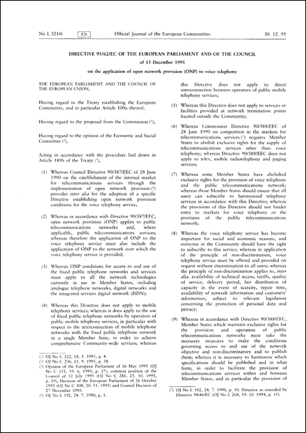 Directive 95/62/EC of the European Parliament and of the Council of 13 December 1995 on the application of open network provision (ONP) to voice telephony (repealed)