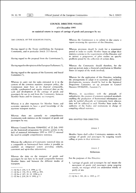 Council directive 95/64/EC of 8 December 1995 on statistical returns in respect of carriage of goods and passengers by sea (repealed)